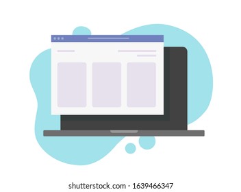 Website in browser window on laptop computer or web site page layout on pc screen vector flat cartoon, illustrated internet webpage frame isolated modern design 