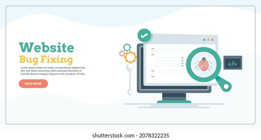 Website bug fix, Software error fix, App bug fix, Find website error - flat design vector illustration landing page template with icons and texts