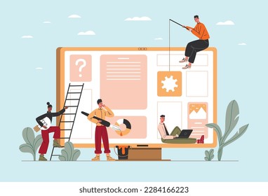 Website build. Development team working on digital joint project. Designers and programmers create computer program. Application construction. App software programming