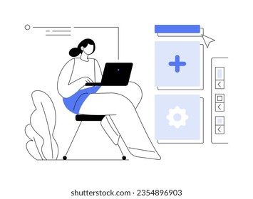 Website builder abstract concept vector illustration. Woman using professional website builder software, modern IT technology, online page development and maintenance abstract metaphor.