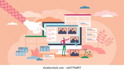 Website builder app concept, flat tiny person vector illustration. Drag and drop interface for internet page management and development. Abstract design work activity and web elements layout prototype