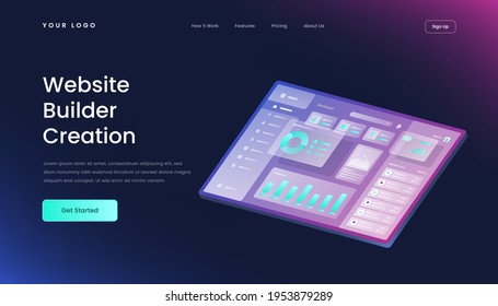 Website builder gradient 3d isometric vector illustration landing page template glass effect