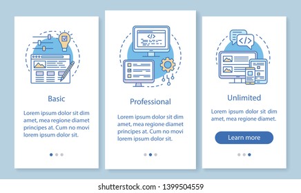 Website builder pricing onboarding mobile app page screen with linear concepts. Basic, professional tariff. Three walkthrough steps graphic instructions. UX, UI, GUI vector template with illustrations