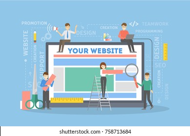 Website building illustration. People carrying blocks and tools creating website.