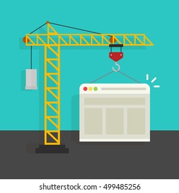 Website building process vector illustration, crane building website, concept of web page developing service banner isolated on color background