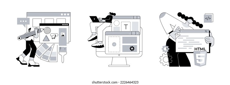 Website building service abstract concept vector illustration set. Web design, website template, HTML5 development, landing page, interface, user experience, constructor platform abstract metaphor.