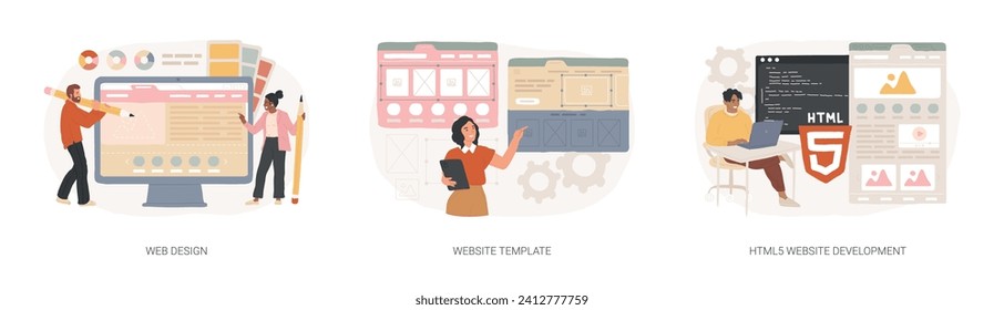 Conjunto de ilustraciones vectoriales de concepto aislado del servicio de construcción de sitios web. Diseño web, plantilla de sitio web, desarrollo HTML5, página de inicio, interfaz, experiencia de usuario, concepto de vector de plataforma constructor.