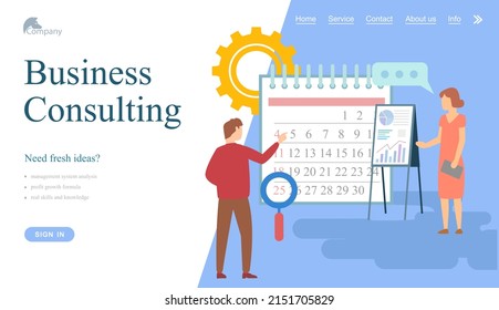 Website für Unternehmensberatung, Management und Optimierung. Zeichen arbeiten mit Workflow-Organisation. Planung, Kalender, Business Event Konzept. Kollegen diskutieren Arbeitszeitplanung
