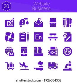 conjunto de iconos de negocio de sitios web. 20 íconos rellenados en el negocio de sitios web temáticos. colección de microscopio, correo electrónico, Bloc de notas, tableta de dibujo, herramientas, fábrica, equipaje, camión, tubería