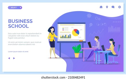 Website with business school. Woman coach gives presentation to students. People study statistics, outline business lesson in online school. Teacher shows statistical report with diagraams and charts