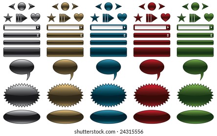 Website buttons and banners with glossy metallic look in five colors