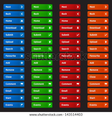 Website buttons with icon | colors - blue, green, red, orange | vector design template | Next Back Home Download Submit Upload Search Favourite Add Remove Close Comment Email Start Events