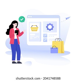 Sitio web con marca de carro y marca de graduación es la indicación de orden procesado ilustración plana