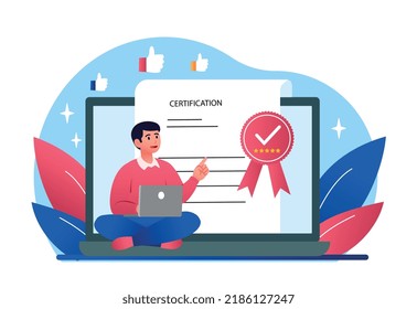 Website certification concept. Young man uses laptop to search for information on Internet. Trusted Resources and Online safety, reliable sources to education. Cartoon flat vector illustration