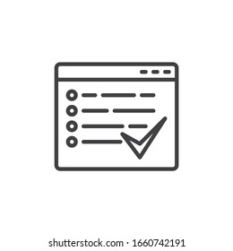 Icono de línea de la casilla de verificación Sitio web. Lista de verificación de la señal de estilo lineal del navegador para el concepto móvil y el diseño web. Icono de vector de esquema del explorador de páginas Web. Símbolo, ilustración del logotipo. Gráficos vectoriales