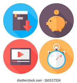 Website Circle Icons with long Shadows. Flat Stylized Icons Set