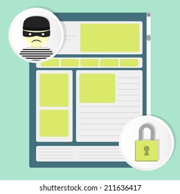 Website and circular icons of a thief and a padlock. Web Security and hackers. Website security