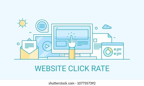 Website click rate, Click website link flat vector line illustration with icons