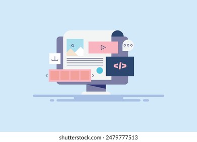 Website CMS, Adding pages to website. Content management system adding codes, images, videos and content to website through CMS - thin line vector illustration