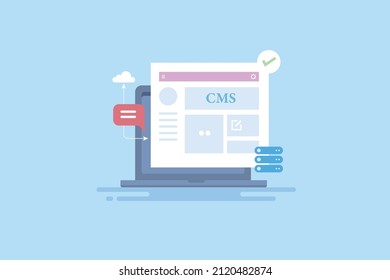 Website CMS Application, CMS Software, CMS Website Database - Flat Design Vector Illustration With Icon