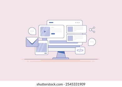 Software de CMS de site, Tecnologia de CMS orientado para o site, Sistema de gerenciamento de conteúdo, conceito de ilustração vetorial de linha com ícones