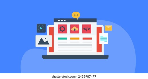 Tecnología CMS del sitio web, sistema de gestión de contenido, construcción fácil de codificar del sitio web, fondo de ilustración vectorial con iconos