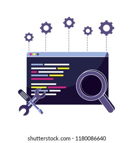 website code program and magnifying glass with equipments