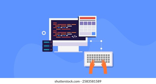 Website coding, Website programming, Software development, Application development - vector illustration background with icons