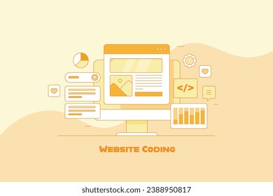 Website coding, Website SEO optimization, Search engine ranking, Website marketing analysis - outline vector illustration with icons