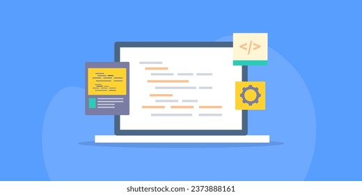 Website coding, Software programming, App development, Writing code on laptop screen, Website maintenance, Website error fix - vector illustration background with icons