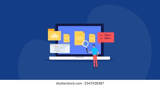 Website coding, Web development concept, Searching codes for bug fixing, Application development - vector illustration with icons