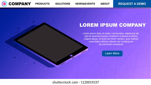 Website company landing page UI template in trendy violet colors. Isometric tablet,  connection lines and space for text, conceptual vector illustration.