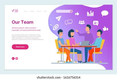 Website of company, page that represents our team. Meeting at office room, people discuss about project and share ideas. Men and women talk with each other, brainstorm. Vector illustration in flat