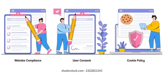 Website Compliance, User Consent, Cookie Policy Concept with Character. Digital Privacy Abstract Vector Illustration Set. Data Tracking, Cookie Compliance Metaphor. svg