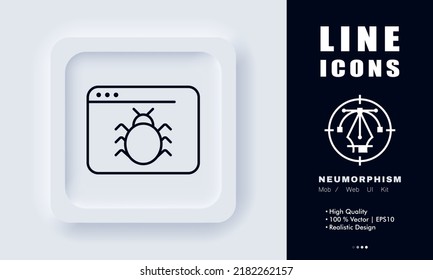 Sitio web con icono de línea de virus informáticos. Error, Internet, en línea, spyware, gusano, salto, malicioso, ventana. Concepto de malware. Estilo neomorfista. Icono de línea de vector para negocios y publicidad.