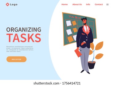 Website concept. Executive businessman standing near board with work tasks, holding clipboard in hand. Effectively organizing tasks, make notices. Appointments, planning events, notices on stickers