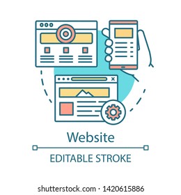 Website concept icon. Channels for SEO, SEM idea thin line illustration. Network, web site optimization. Multimedia content. Internet protocol. Vector isolated outline drawing. Editable stroke