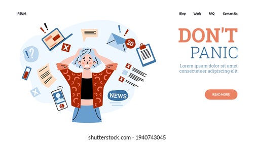 Website concept of panic and alarm prevention cartoon vector illustration.
