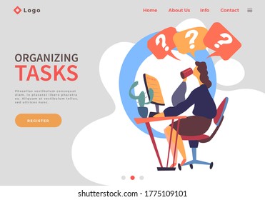 Website concept. Woman sitting at table, working with computer, drinking tea or coffee. Busy office worker is puzzled, with a lot of answers above head. Effectively organizing tasks, time work