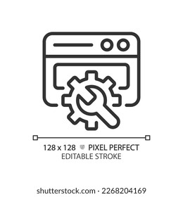 Website configuration pixel perfect linear icon. Web page adjustment and customization. Manage site. Webdesign. Thin line illustration. Contour symbol. Vector outline drawing. Editable stroke