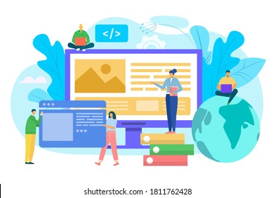 Website construction concept, ui interface prototyping, web development vector illustration. People costructing web site interface on computer. UI UX, usability, mockup, wireframe development concept.