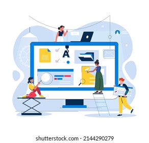 Trabajo en equipo de construcción de sitios web. Pequeñas personas, equipo de desarrollo de proyectos de ingenieros trabajando en el diseño de sitios web para la ilustración de concepto de negocios en estilo plano. Desarrollo de código, programador en computadora.