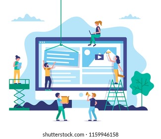 Website construction, web design concept illustration in flat style. People working on website. Characters doing various tasks, teamwork.