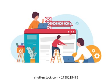 Website construction, web design concept illustration in flat style. People working on website. Website builder concept. Web development flat vector illustration.