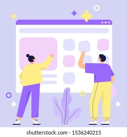 Website construction, web page building process. Design for mobile and web graphics. Teamwork. Flat vector illustration.