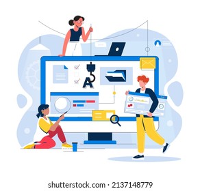 Website construction, web page under construction or  maintenance. Web design concept illustration in flat style. People working on website, teamwork. Characters doing various tasks.
