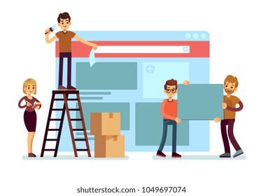 Website construction and webdesign ui building with people team. Web interface development vector concept. Web ui and interface construction development page illustration