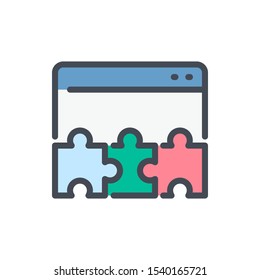 Website constructor color line icon. Web page with puzzle vector outline colorful sign.