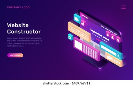 Website constructor isometric concept vector illustration. Software landing page template for creating customize website design, interface, computer monitor with 3D icons on ultraviolet background