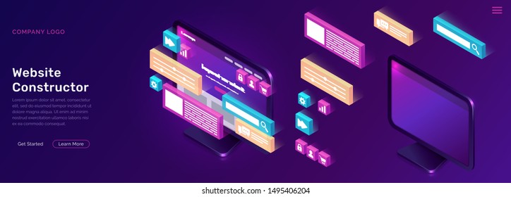 Website constructor isometric concept vector illustration. Software landing page template for creating customize website design, interface, computer monitor with 3D icons on ultraviolet background